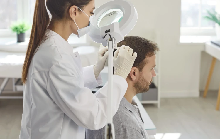 A doctor examining a male client’s scalp.