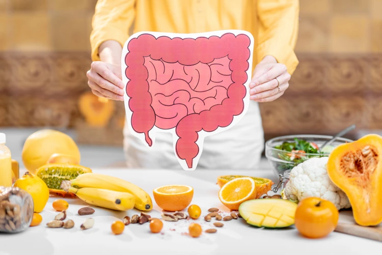 A person holding a diagram of the digestive tract over an assortment of healthy foods.